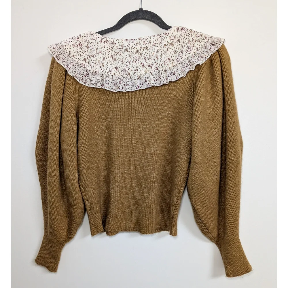 ZARA Tobacco Brown knit sweater with contrasting print ruffle collar Size L - Picture 8 of 12